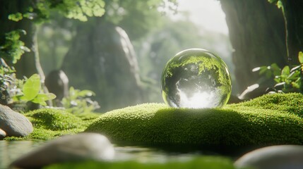 Wall Mural - Crystal ball reflecting forest scene on mossy ground.