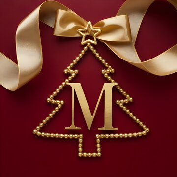 Merry Christmas and Happy New Year. Christmas tree made by Red and Gold ribbon roll with golden star on red background.