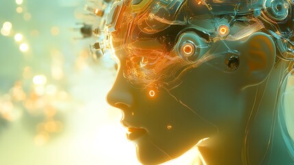 Poster - Digital artwork depicting a cyborg's profile illuminated with warm golden hues suggesting a fusion of tech.