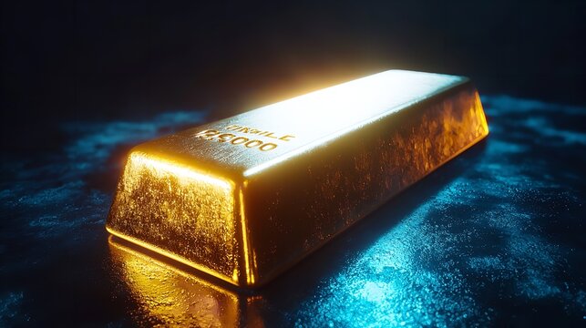 Gold Bullion Bar on Dark Background with Large Cast in Detail