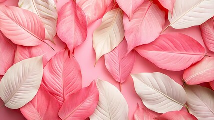  Pink and white leaves create a vibrant tropical summer jungle atmosphere. This floral leaf plant botanical design in flat top view offers ample copy space for creative projects.