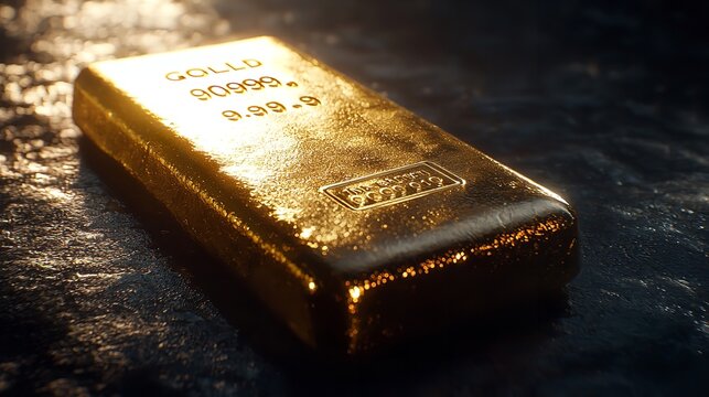 Gold Bullion Bar on Dark Background with Large Cast in Detail