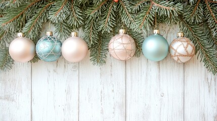 Pastel Christmas ornaments combined with a lush green pine tree create a festive holiday scene against a rustic white wooden background, offering a traditional and cheerful atmosphere with copy space.