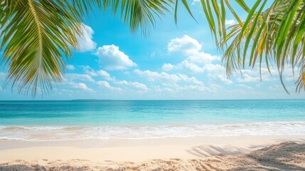 Sticker - Stunning beach scene featuring white sand, crystal clear water, and palm trees under a blue sky, creating a tropical summer background, with warm colors and ample copy space.