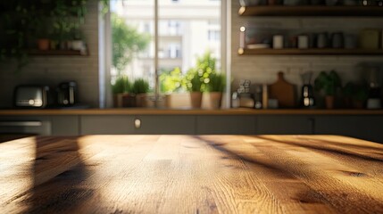 Wall Mural - Wooden table top against a cozy kitchen interior background. The wooden table top provides an ideal space for product display, with ample room for creative arrangements. High-quality photo.