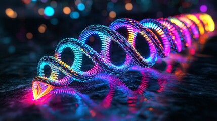 A dazzling, luminous helix weaves through a sleek dark backdrop, showcasing an array of colors that evoke a sense of cutting-edge technology and enchant viewers with its intricate design.