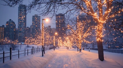 A serene winter evening scene with glowing lights illuminating a snowy path in the heart of the city.