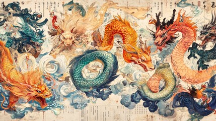 Colorful chinese dragon artwork with vibrant designs and traditional style