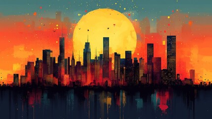 Wall Mural - Cityscape sunset, vibrant colors, artistic style.