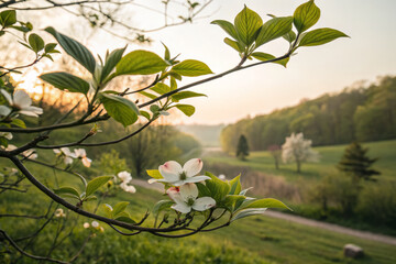 Wall Mural - serene spring landscape featuring blooming dogwood flowers, lush green leaves, and soft sunset glow in background, creating peaceful atmosphere