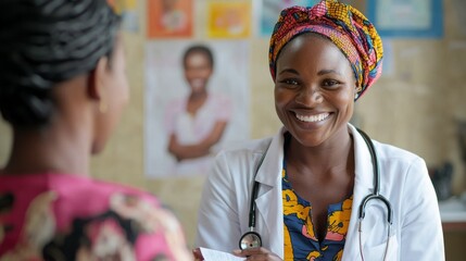 Poster - A woman in a white lab coat is smiling at a woman in a pink shirt