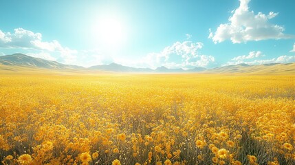 Sunny yellow wildflowers, mountains, blue sky.