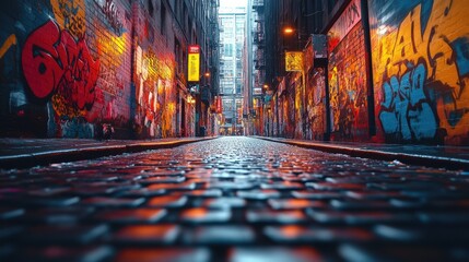 Canvas Print - Graffiti-covered alley, cobblestone street, urban art.