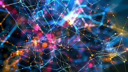 Poster - Colorful lines and vibrant dots intertwining to create a complex network, illustrating big data connections and information flow within a dynamic digital landscape