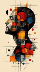 Canvas Print - Abstract Geometric Portrait of a Man with Artistic Circular and Rectangular Patterns in Vibrant Colors on a Neutral Background