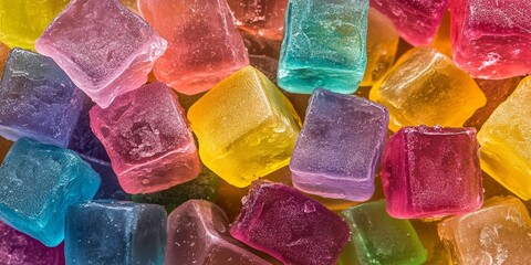 Vibrant and delicious jelly cubes create an enticing background, showcasing the colorful jelly cubes in a close up view that highlights their appealing textures and hues.