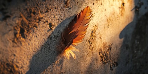 Wall Mural - A brown feather resting gently against a cement wall, illuminated by warm sunlight, showcases the intricate details of the brown feather in soft focus for an artistic effect.