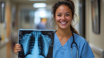 Poster - A woman is holding a medical x-ray of a woman's chest
