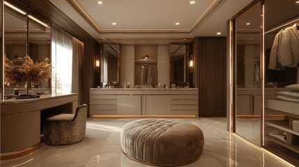 Poster - A large room with a large mirror and a round ottoman