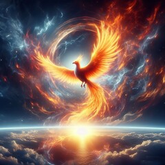 Wall Mural - rising phoenix a phoenix rising from the ashes surrounded by a b
