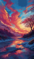 Poster - painting of a sunset over a river with a tree in the foreground