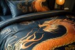 © Kevin - a bed with a blue comforter with a dragon on it