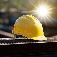 Wall Mural - A bright yellow hard hat rests on a beam, illuminated by the warm glow of the sun in the background.