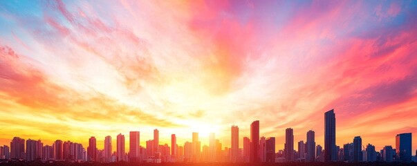 Wall Mural - a vibrant skyline at sunset, showcasing colorful clouds and silhouettes of tall buildings against a 