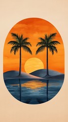 Poster - A serene sunset scene featuring two palm trees silhouetted against a vibrant orange sky, reflecting in tranquil water.