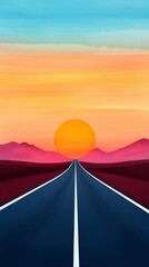 Wall Mural - A vibrant sunset over a long, winding road leading into the horizon, surrounded by colorful mountains and a serene sky.