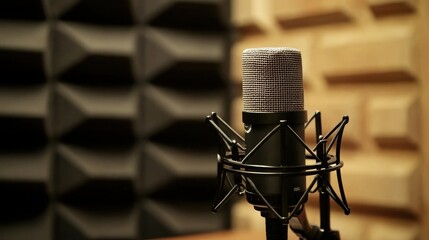 Poster - Professional microphone set up on a studio desk, with soundproof panels in the background 