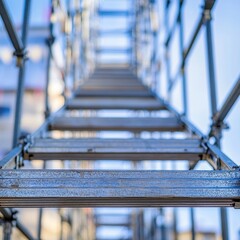 Poster - A close-up view of a metal scaffolding ladder reaching up into a clear blue sky.