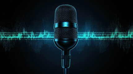 Poster - Simple, flat podcast icon design featuring a microphone and sound waves on a dark background 