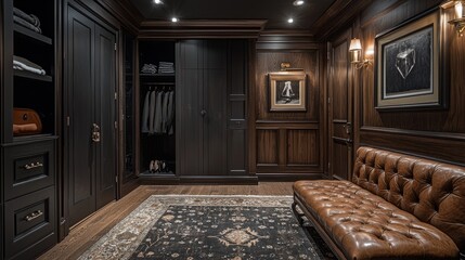 Poster - A room with a brown couch and a black dresser