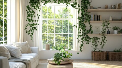 Poster - English ivy plant trailing down from a high shelf in a boho-style living room 