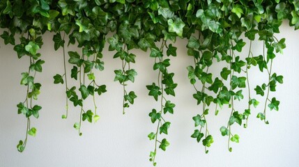 Poster - English ivy plant trailing down from a high shelf in a boho-style living room 