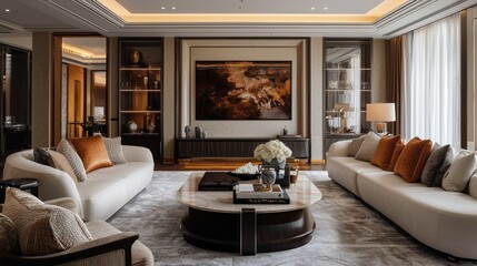 Poster - A living room with a large flat screen TV and a coffee table