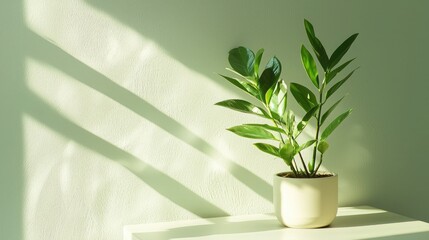 Poster - Zamioculcas plant with a clean aesthetic, placed on a bright, modern tabletop 