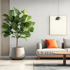 Poster - Fiddle leaf fig tree in a decorative pot, brightening a modern living room