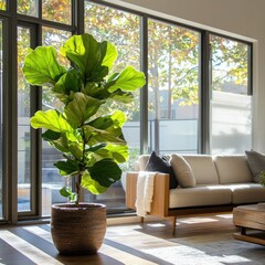 Poster - Fiddle leaf fig tree in a decorative pot, brightening a modern living room