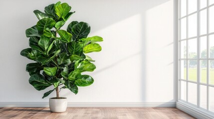 Poster - Ficus lyrata in a spacious room, with large green leaves against a white wall