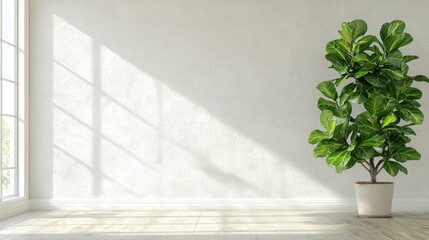 Poster - Ficus lyrata in a spacious room, with large green leaves against a white wall 