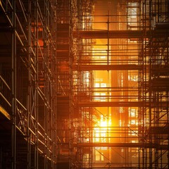 Poster - Golden sunlight shines through a maze of construction scaffolding, creating a striking silhouette effect.