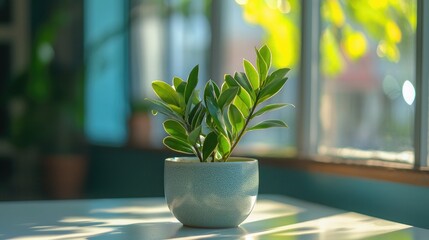 Poster - Zamioculcas plant with a clean aesthetic, placed on a bright, modern tabletop 