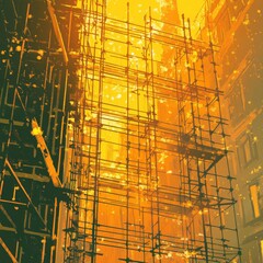 Poster - A striking construction site silhouette, featuring scaffolding bathed in golden light, evoking a sense of transformation.