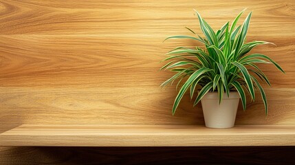 Poster - Vibrant spider plant on a wooden shelf in a cozy, natural interior space 