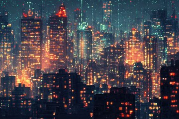 Wall Mural - A Nighttime View of a Dense, Illuminated Cityscape