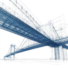 Poster - Intricate blue wireframe of a suspended bridge design showcasing innovative engineering and structural beauty.