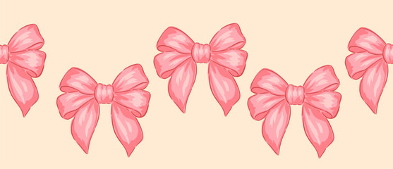 Wall Mural - Delicate hand drawn seamless border design featuring pink bows on a soft background