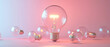 © Ngoc - Illuminated Ideas Glowing Lightbulbs on Pink Background.